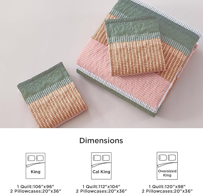 Litanika King Size Quilt Set Pink, Green and White, Orange Stripe Patchwork Summer Bedspread Coverlet 3 Pieces, Soft Lightweight Microfiber Quilt Bedding Set for All Season(1 Quilt, 2 Pillowcases)
