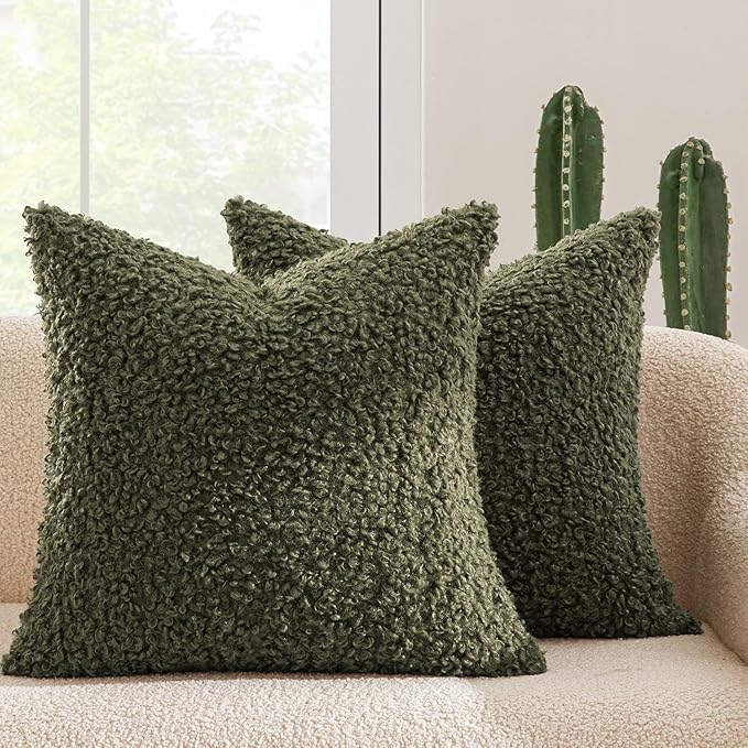 MIULEE Pack of 2 Throw Pillow Covers 18x18 Inch Olive Green Faux Fur Decorative Sherpa Spring Pillow Covers Fuzzy Accent Soft Sheepskin Fleece Cushion Cases for Boho Home Decor Couch Living Room Bed