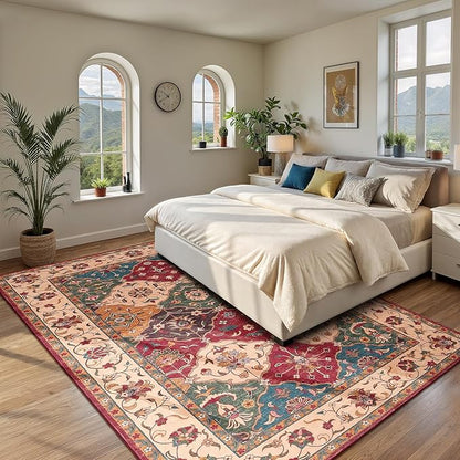 Lessymo Moroccan 8x10 Area Rugs for Living Room, Ultra-Thin Washable Rugs Vintage Non-Slip Non Shedding Accent Carpet for Bedroom Dining Room Office Nursery, Classic Red and Cream