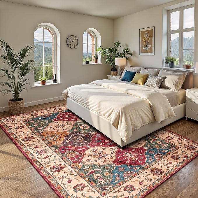 Lessymo Moroccan Washable Area Rugs 5x7, Soft Rugs for Living Room Bedroom, Indoor Non-Slip Large Vintage Carpet for Entryway Home Office, Classic Red and Cream