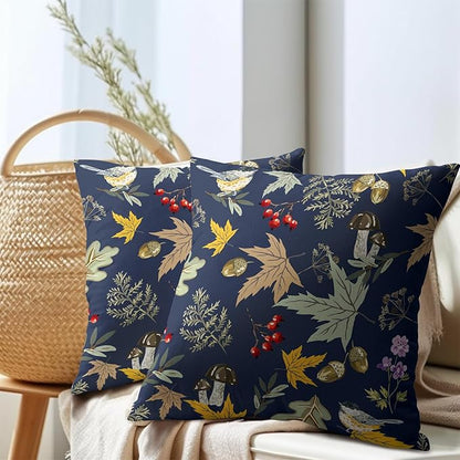 Bird Fall Pillow Covers 18x18 Set of 2 Navy Autumn Leaf Animal Print Pillow Cases Mushroom Acorns Pattern Outdoor Decorative Holiday Cushion Cover Rustic Decoration Farmhouse Home Sofa Couch Bed Decor