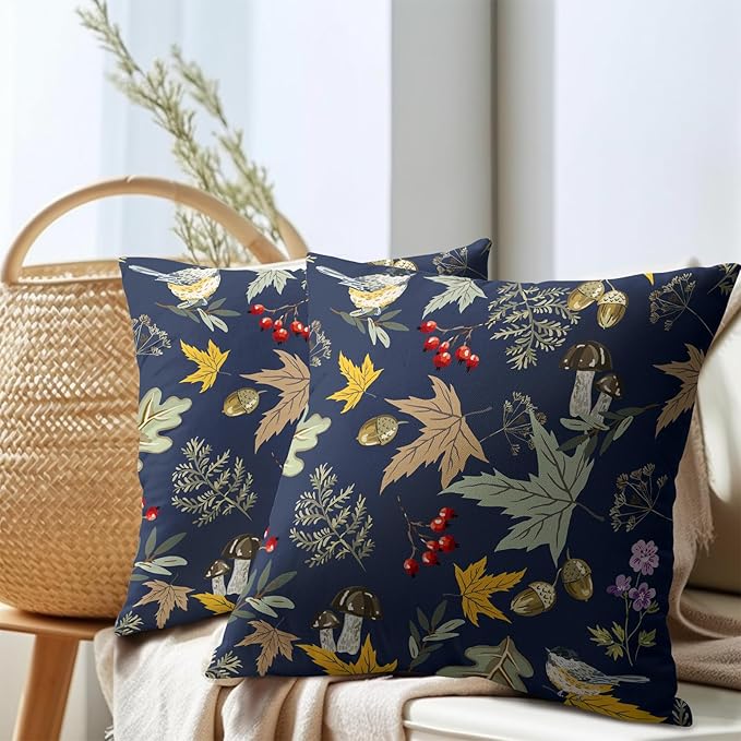 Bird Fall Pillow Covers 24x24 Set of 6 Navy Autumn Leaf Animal Print Pillow Cases Mushroom Acorns Pattern Outdoor Decorative Holiday Cushion Cover Rustic Decoration Farmhouse Home Sofa Couch Bed Decor