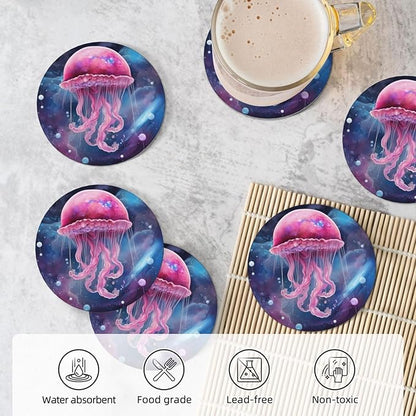 6 Pcs Ceramic Coasters with Holder Absorbent Drink Round Fantasy Galaxy Gellyfish Design for Home Table Coffee Cup Wine Beer Bar,Size 4.4 inches