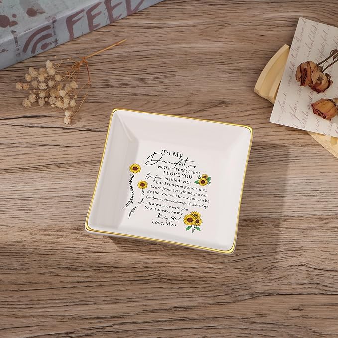 JoycuFF Daughter Gifts from Mom, Birthday Sunflower Jewelry Trinket Dish Tray Unique Gifts for Christmas, Thanksgiving Day