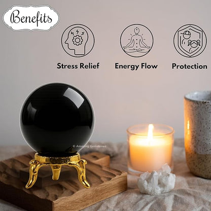 Amazing Gemstone Black Obsidian Crystal Ball with Stand - 1.5" Inches Crystal Sphere Meditation Balls for Witchcraft and Decorative Balls
