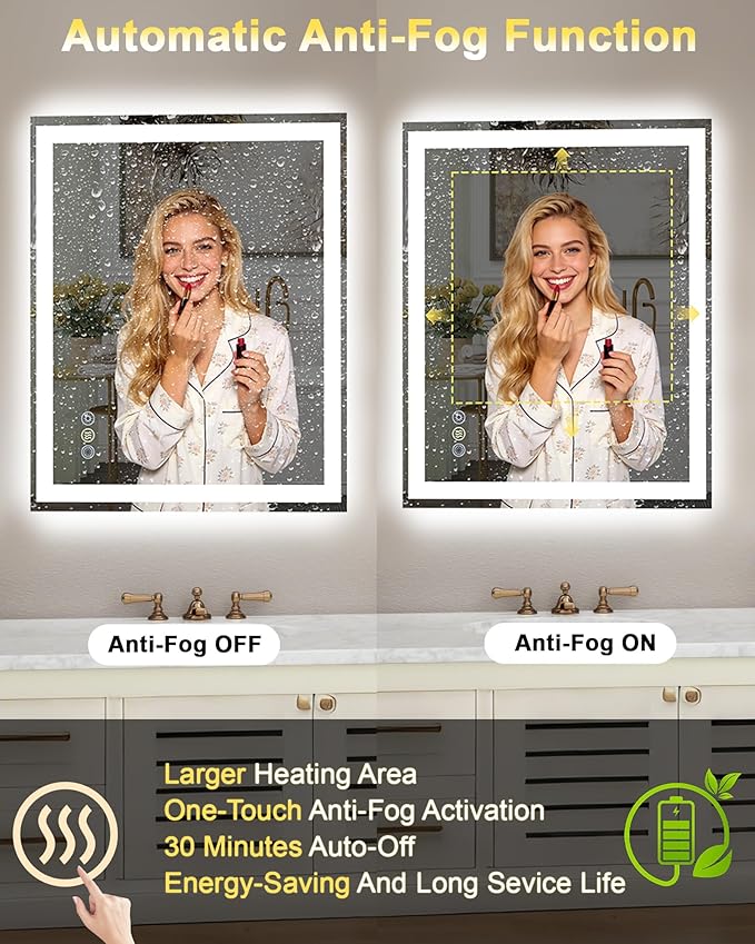 32"x 40" LED Bathroom Mirror, 3 Colors Vanity Mirror with Lights, Front and Backlit Bathroom Mirror with Lights, LED Smart Mirror for Wall, Tempered Glass, Anti-Fog, Stepless Dimmable, Memory(ETL)