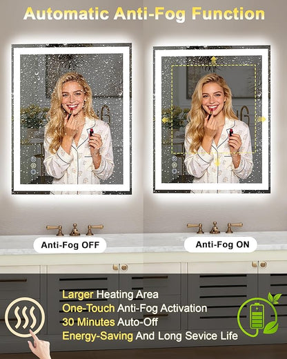 32"x 40" LED Bathroom Mirror, 3 Colors Vanity Mirror with Lights, Front and Backlit Bathroom Mirror with Lights, LED Smart Mirror for Wall, Tempered Glass, Anti-Fog, Stepless Dimmable, Memory(ETL)