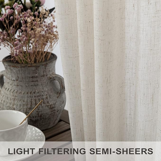 Pitalk Cream Curtains 80 Inch Length for Living Room 2 Panels Back Tab Rustic Modern Farmhouse Privacy Semi Sheer Linen Drapes Pleated Curtains for Bedroom 52x80 Long Curtain Off White Ivory Colored