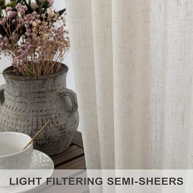 Pitalk Cream Sheer Curtains 68 Inch Length 2 Panel Set for Living Room Back Tab Pleated Farmhouse Coastal Decor Cotton Textured Gauze Curtain for Dining Room Home Office French Door Ivory Colored