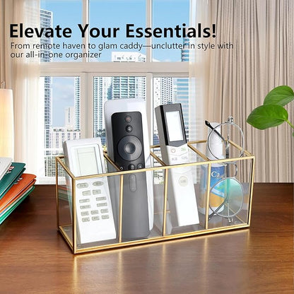 Pencil Holder for Desk,Tempered Glass Pen Holder,3&4 Compartments,Desktop Storage Organizer for Office Supplies,School Supplies,Pens,Markers,Pencils,Scissors,Paperclips (Gold, 4 compartments)