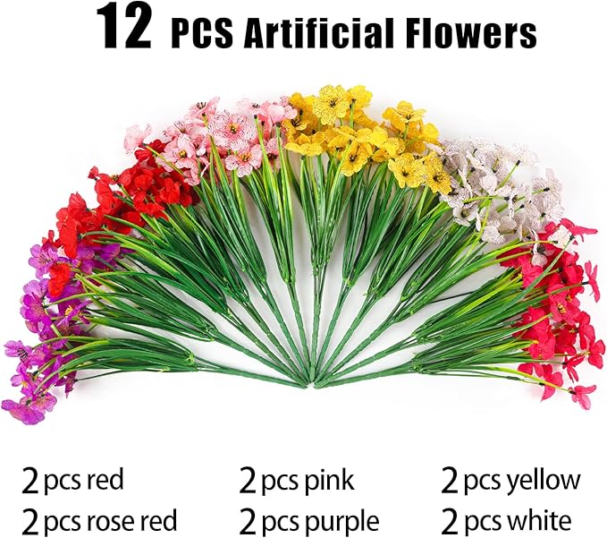 MACTING Artificial Flowers for Outdoors 12 Bundles UV Resistant Fake Flowers Faux Plastic Plants No Fade for Hanging Planters Window Patio Porch Yard Indoor Outdoor Summer Decorations(Mix Color-1)