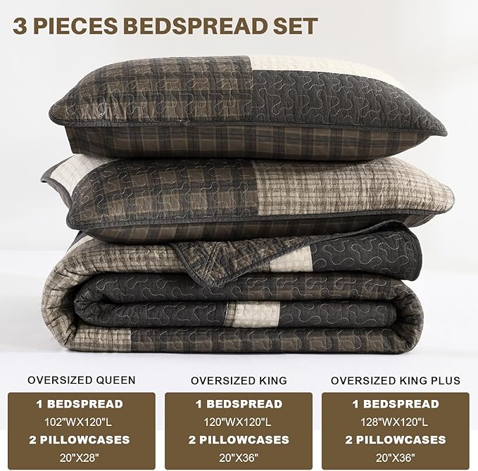 Oversized Quilt Bedspread 120"x120", 100% Cotton Patchwork King Bedspreads Coverlet Set with Pillow Cases, Lightweight Quilted Farmhouse Bedding Cover, 3 Piece, Brown/Beige/Gray