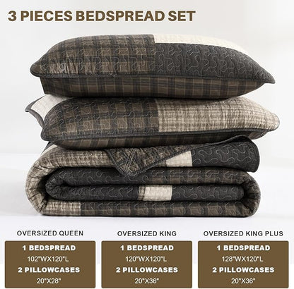 Oversized Quilt Bedspread 128"x120", 100% Cotton Patchwork King Bedspreads Coverlet Set with Pillow Cases, Lightweight Quilted Farmhouse Bedding Cover, 3 Piece, Brown/Beige/Gray