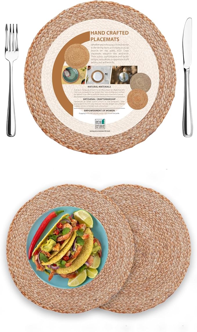 Eco Crave Jute Round Woven Placemats Set of 2, Natural 13 Inch Boho Farmhouse Rustic Hand Woven Place mat for Dining Table Decor, Wicker Chargers Heat Resistant Easy to Clean and Non-Slip Placemat