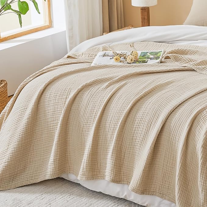 EMME Cotton Muslin Twin XL Blanket Breathable Gauze Soft Lightweight Blankets Adults Gifts for Women (Beige, 66"x90")