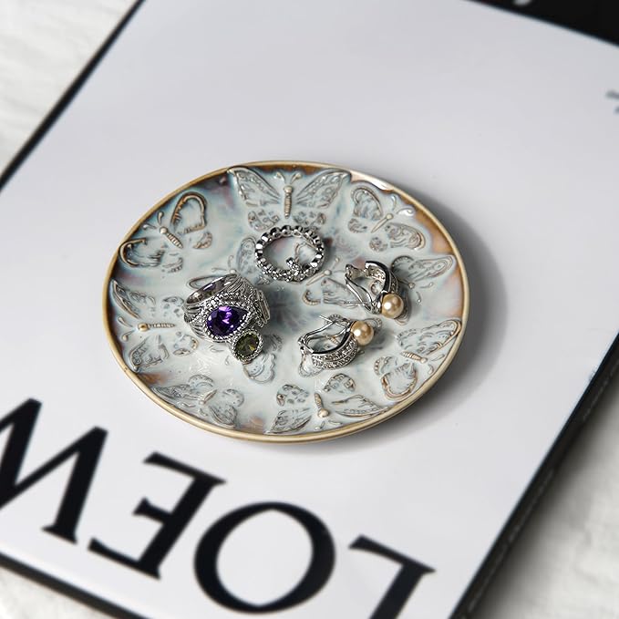 Ceramic Jewelry Dish, Decorative Tray for Rings Earrings Necklaces Bracelet Watch Keys, 4.50" Trinket Tray as Gifts for Women (Reactive Butterflies)