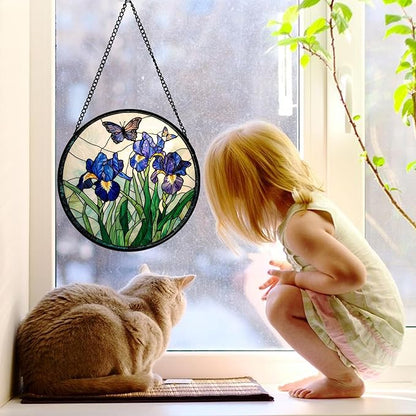 DASTOLL Stained Glass Window Hanging, Blue Purple Butterfly Flower Suncatcher Diamond Colorful Glass Panel Sun Catchers Decor for Birthday for Women, Men, Wife, Aunt, and Mom 11.8 in