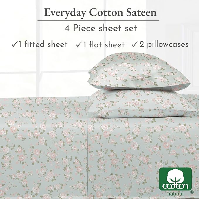 California Design Den Vintage Rose Sheet Set, Full Size Bed Sheets Set, 100% Cotton, Deep Pocket Full Sheets & Pillowcase Set, Soft Sateen Weave - Vintage Rose