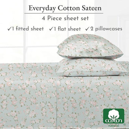 California Design Den Vintage Rose Sheet Set, Full Size Bed Sheets Set, 100% Cotton, Deep Pocket Full Sheets & Pillowcase Set, Soft Sateen Weave - Vintage Rose