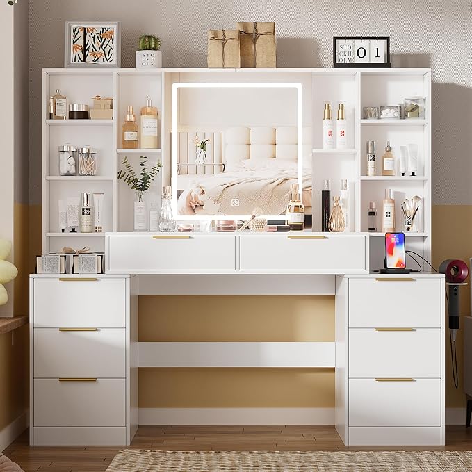 Large Makeup Vanity Desk with Lighted Mirror & Power Outlet,Dresser Table with 3 Lighting Modes Brightness Adjustable,Drawers,Shelves,Hair Dryer Stand for Bedroom,White (No Stool)