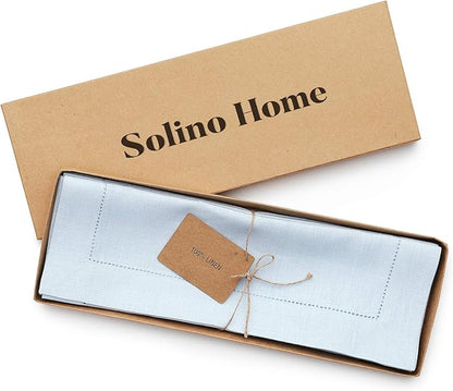 Solino Home Linen Placemats Set of 4 - Classic Hemstitch Light Blue Placemats 14 x 19 Inch - 100% Pure Linen Table Mats for Winter, New Year