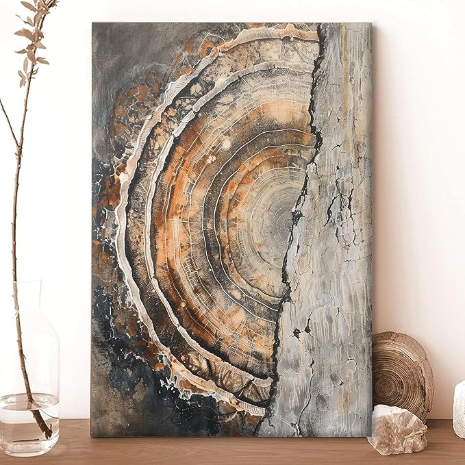 IBHJSART Framed Tree Ring Canvas Wall Art Vintage Colorful Wood Stump Painting Prints Modern Minimalist Pictures Neutral Nature Rustic Farmhouse Decor Living Room Bedroom Bathroom Office