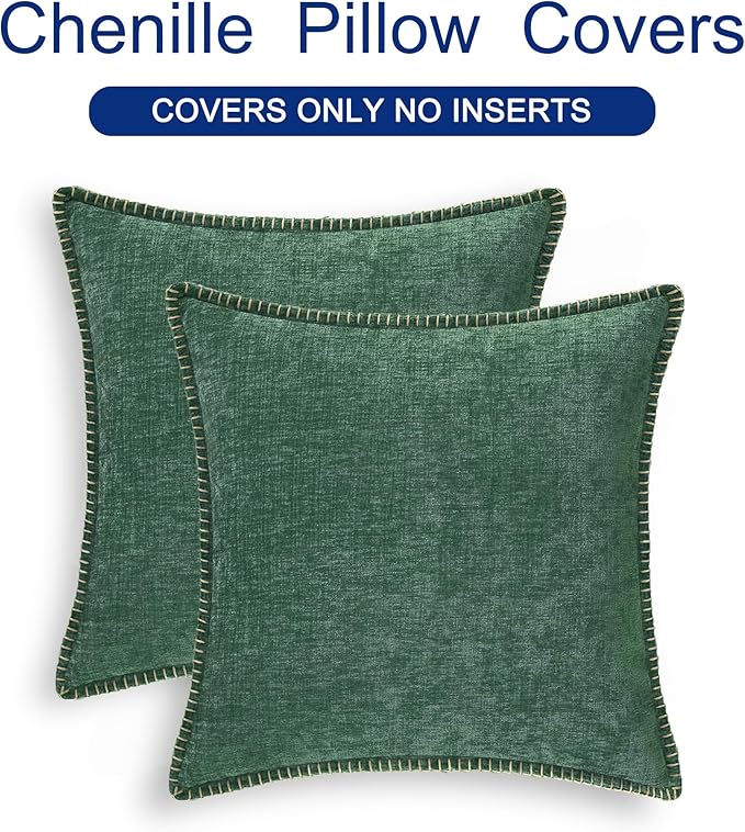 CaliTime Christmas Throw Pillow Covers Decorative 26 X 26 Inches Pack of 2 Cotton Thread Stitching Edges Solid Dyed Soft Chenille Cushion Cases for Couch Sofa Bed Living Room Farmhouse Dark Green