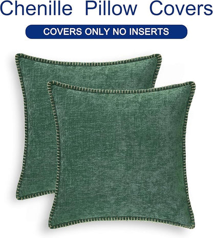 CaliTime Christmas Throw Pillow Covers Decorative 16 X 16 Inches Pack of 2 Cotton Thread Stitching Edges Solid Dyed Soft Chenille Cushion Cases for Couch Sofa Bed Living Room Farmhouse Dark Green