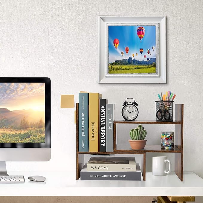 Sorfity Expandable Wood Desktop Bookshelf Desktop Organizer Office Storage Rack Wood Display Shelf, Counter Storage Rack Top Bookcase - Freestyle Display Natural Stand Office Supplies Desk Organizer