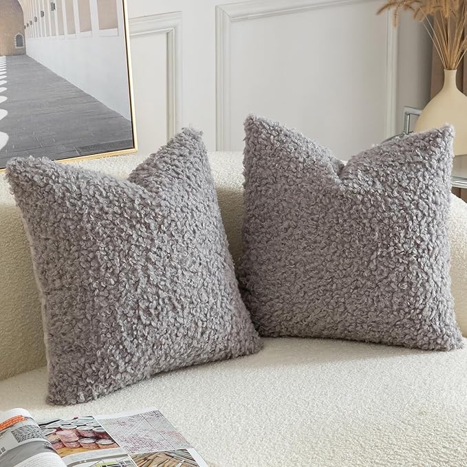 Yaertun Pack of 2 Faux Fur Throw Pillow Covers Decorative Sherpa Boucle Pillow Covers Fuzzy Soft Pillowcases Sheepskin Fleece Cushion Case for Couch Sofa Bed Living Room 26x26 Inch Light Grey