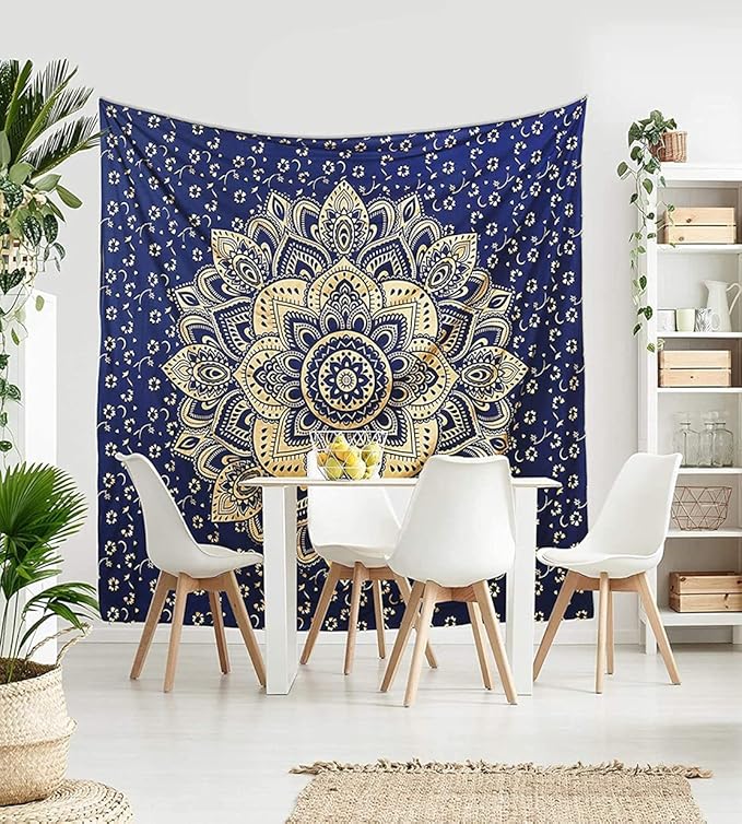 Rajsee Blue Gold Mandala Tapestry - Bedroom Aesthetic - Indie Boho Trippy Large Wall Hanging - 82x92 Inches