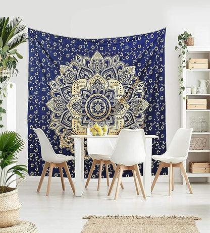 Rajsee Blue Gold Mandala Tapestry - Bedroom Aesthetic - Indie Boho Trippy Large Wall Hanging - 82x92 Inches