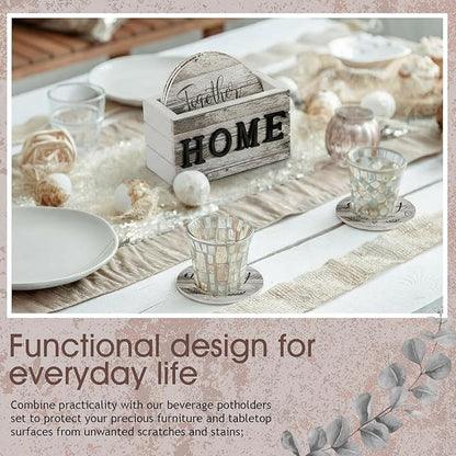 Queekay Coasters Set of 6 House Warming Gifts New Home Wooden Farmhouse Drink Coasters with Holder 4'' Funny Decoration for Kitchen Family Coffee Bar Tabletop Protection(Wood Color)