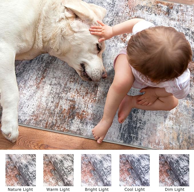 Modern Abstract Runner Rug for Bedroom 2x7, Grey Orange Multi Washable Kitchen Runner, Non-Slip Soft Thin Faux Wool Mat for Entryway, Hallway, Laundry Room Indoor