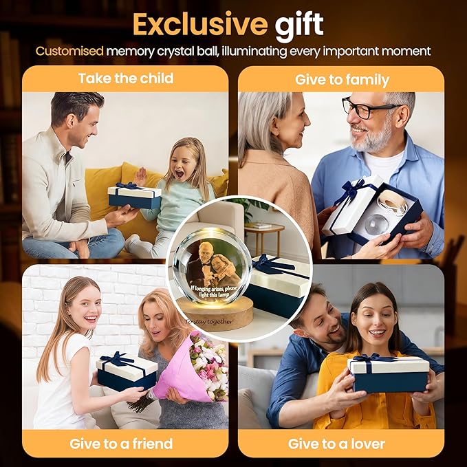 Personalized 3D Photo Crystal Ball Night Light – Custom Engraved Picture Lamp with Wood Base for Couples, Family & Pets – Ideal for Anniversary or Birthday
