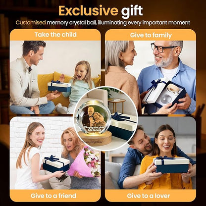 Personalized 3D Photo Crystal Ball Night Light – Custom Engraved Picture Lamp with Wood Base for Couples, Family & Pets – Ideal for Anniversary or Birthday