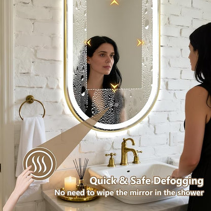 Niccy Oval LED Mirror for Bathroom, 40x24 Front Lit + Backlit Vanity Mirrors with Light Anti-Fog, Shatter-Proof, 3 Colors, Makeup Mirror with Old Gold Frame (Horizontal/Vertical)