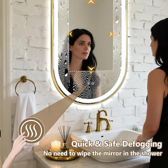 Niccy Oval LED Mirror for Bathroom, 48x30 Front Lit + Backlit Vanity Mirrors with Light Anti-Fog, Shatter-Proof, 3 Colors, Makeup Mirror with Old Gold Frame (Horizontal/Vertical)