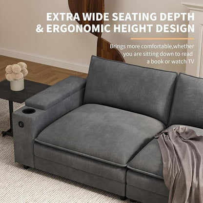 81.5" Loveseat Cloud Sofa Couch with Storage Armrest, Cup Holders, USB & Type-C Ports, Spring Cushions, Solid Wood Frame, Chenille Modular Sectional for Living Room