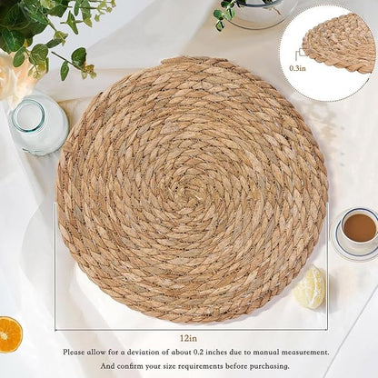 Handmade 12" Round Woven Placemats Set of 6, Outdoor Boho Burlap Table Mats Heat Resistant, Natural Jute Place Mat Non Slip Rattan Coasters for Round Dining Table, Home Decoration, Wedding