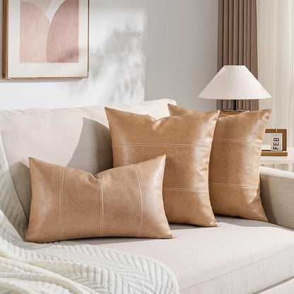 Fancy Homi 2 Packs Tan Long Lumbar Waterproof Faux Leather Decorative Throw Pillow Covers 14x20 Inch for Outdoor Couch Bed, Beige Hand Stitched Cushion Case 35x50 cm, Taupe Modern Farmhouse Home Decor