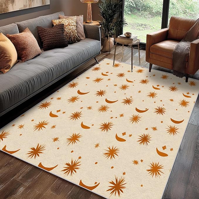 Boho Style Rug, 3x4 Area Rugs Sun Moon Star Terracotta Abstract Pattern for Entryway, Living Room, Bedroom, Boho Style Home Decor Accessories Indoor Carpet, Non Slip & Machine Washable