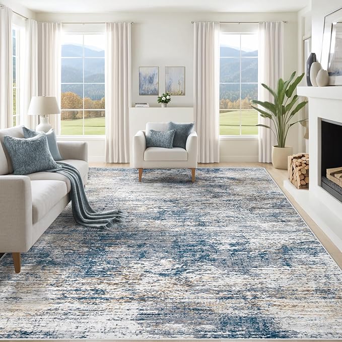 8x10 Area Rugs for Living Room, Washable Modern Abstract Large Area Rug Neutral Soft Non Slip Kids Rug Stain Resistant Indoor Carpet for Bedroom Nursery Dining Room Playroom Office(BlueWhite, 8'x10')