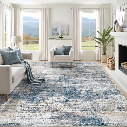 8x10 Area Rugs for Living Room, Washable Modern Abstract Large Area Rug Neutral Soft Non Slip Kids Rug Stain Resistant Indoor Carpet for Bedroom Nursery Dining Room Playroom Office(BlueWhite, 8'x10')