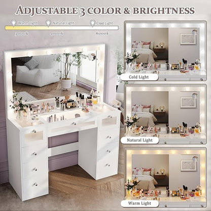 Makeup Vanity Desk with LED Lights and Large 36.9’’ Mirror, 9 Drawers Vanity with Glass Top & 3 Color Hollywood Bulbs, Make Up Vanity with Charging Station & Crystal Knobs for Woman, White