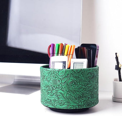 lizimandu Round Leather Art Supply Organizer,Remote Control Holder,360 Degree Spinning,Multi-Functional Pencil Holder,4 Compartments Desktop Stationary Organizer(1-Carved Green)