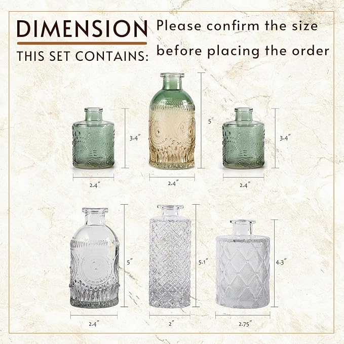 Bud Vase Set of 6, Small Flower Vases for Decorative, Gradient Glass and Embossed Vintage Style Mini Bottles for Home Décor, Centerpiece 3.3"-5.2''H(Clear+Green)