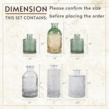 Bud Vase Set of 6, Small Flower Vases for Decorative, Gradient Glass and Embossed Vintage Style Mini Bottles for Home Décor, Centerpiece 3.3"-5.2''H(Clear+Green)