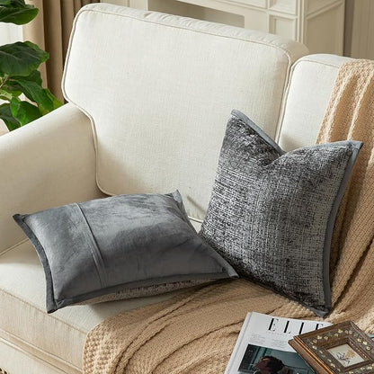 Yaertun Pack of 2 Chenille Textured Decorative Throw Pillow Covers Accent Solid Cushion Cover Soft Cozy Pillow Case with Velvet Back for Couch Sofa Bed Living Room 16x16 Inch Grey