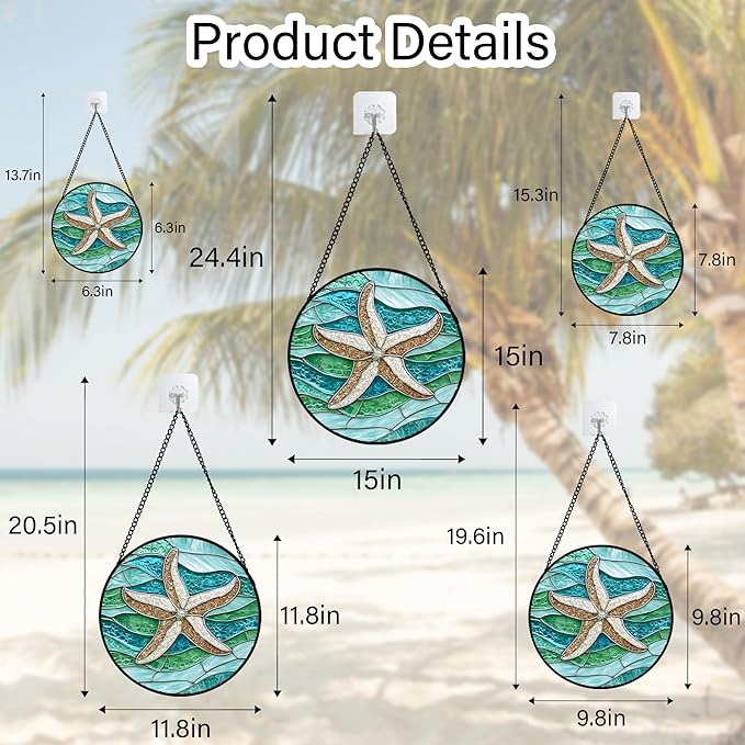 Stained Glass Window Hanging Teal Sea Waves Starfish Large 11.8" - Suncatcher Door Garden Sun Catcher Home Decor Birthday Mother's Day for Mom Men Woman Parents Her Child Nana